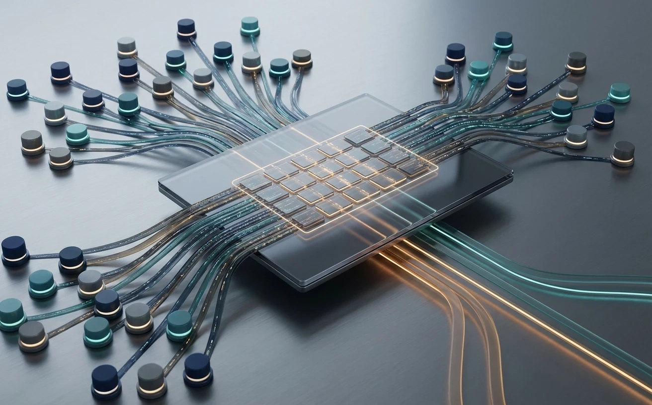 中央の運用ハブから公開面、identity、cloud、重要資産 へ複数のパスが伸びる抽象図