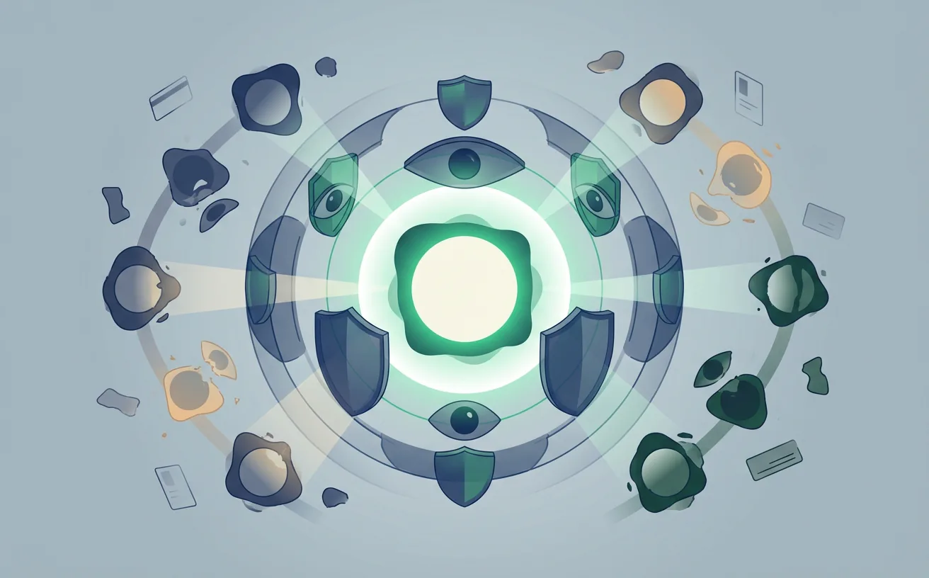 正規ドメインを中心に typo ドメイン、広告、メール、監視の関係を示すブランド保護図