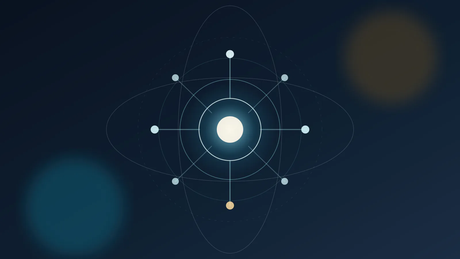 中央の核から四方向へ接続路と観測リングが伸び、限定された評価経路を示す抽象図