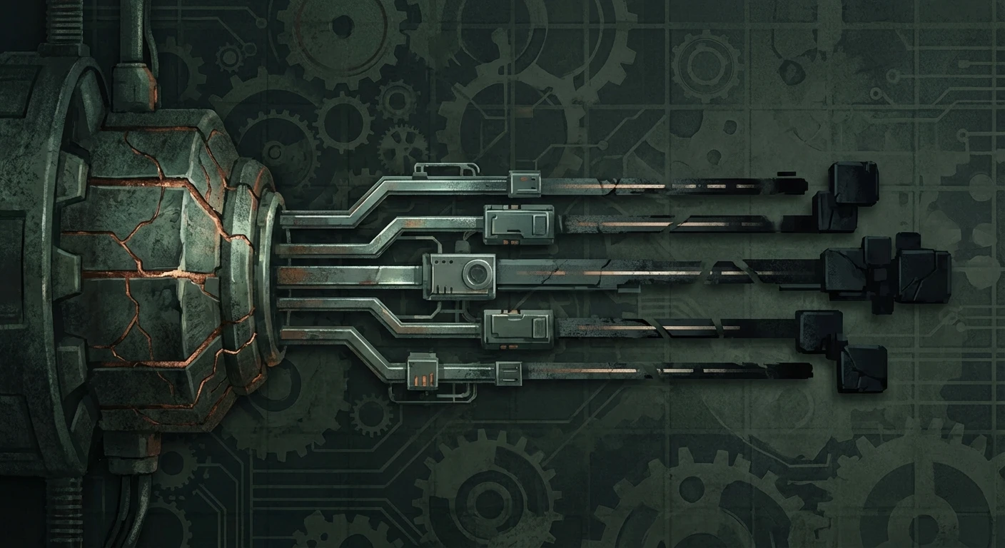 ひとつの供給コア停止から複数の製造レーンが連鎖的に沈黙する様子を表す抽象図