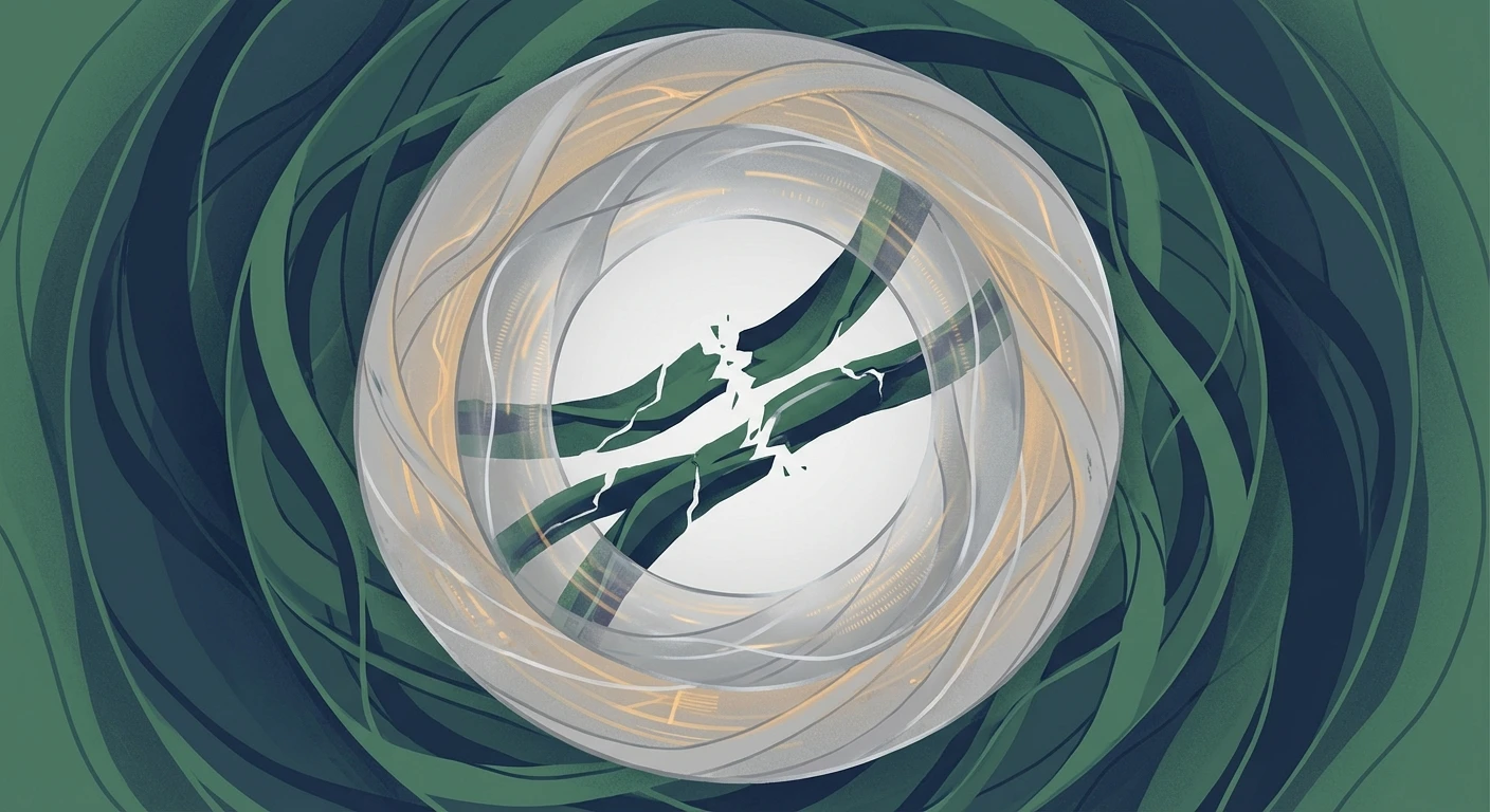 分断された供給ラインを複数の保護レイヤーが包み直し、中央の再接続点へ収束していく抽象図