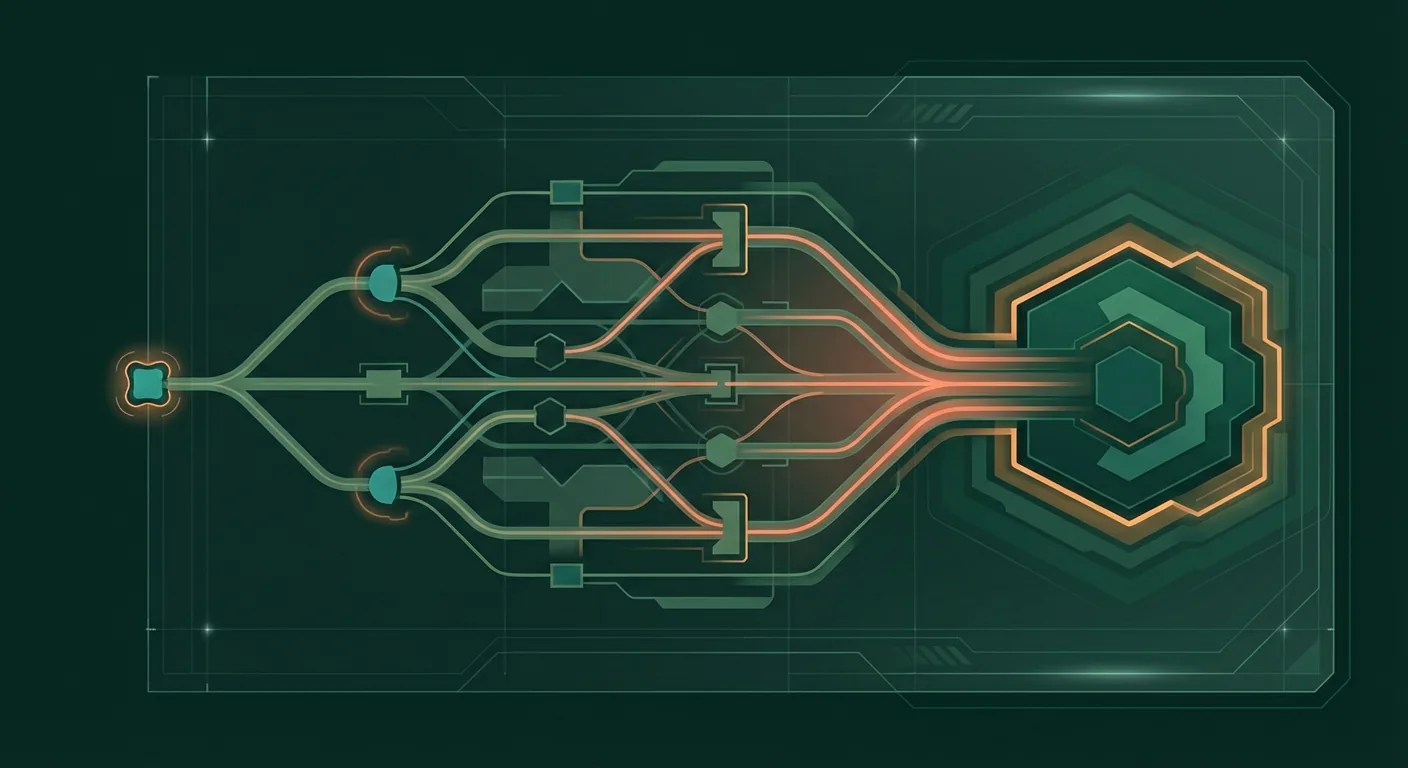最初の侵入点から複数の業務システムや管理経路へ横に広がり、最後に高権限領域へ寄っていく抽象図