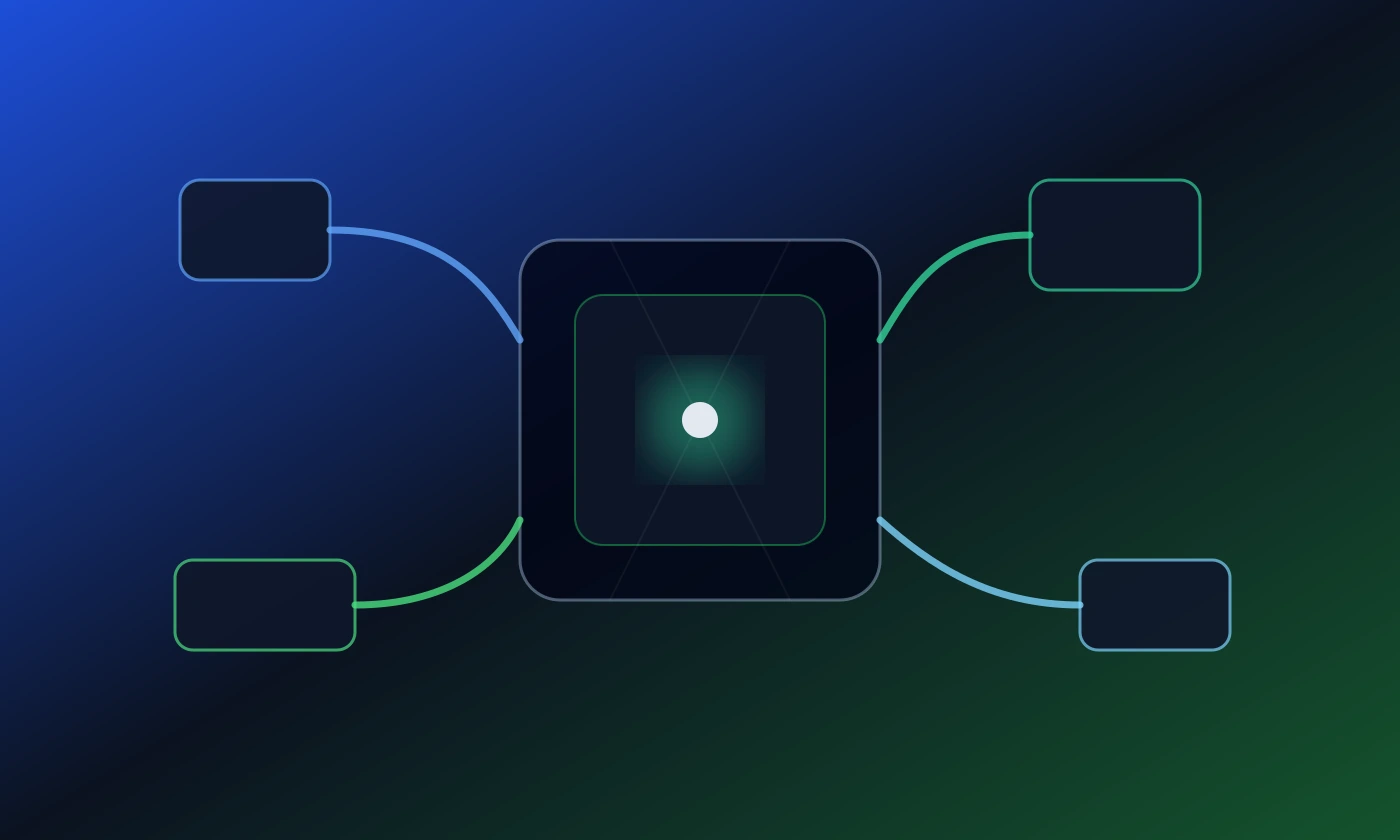中央の接続核を複数の境界線と分岐ノードが囲み、外部ツールやデータ源への経路が伸びる抽象図