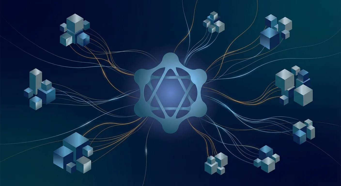 中央のファイル転送コアから外側の複数組織へ影響が広がる文字なし抽象図