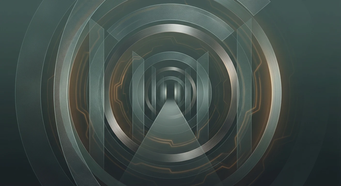 複数の回廊が中央の再開点へ収束し、その外側を監視、認証、訓練の層が包む抽象図