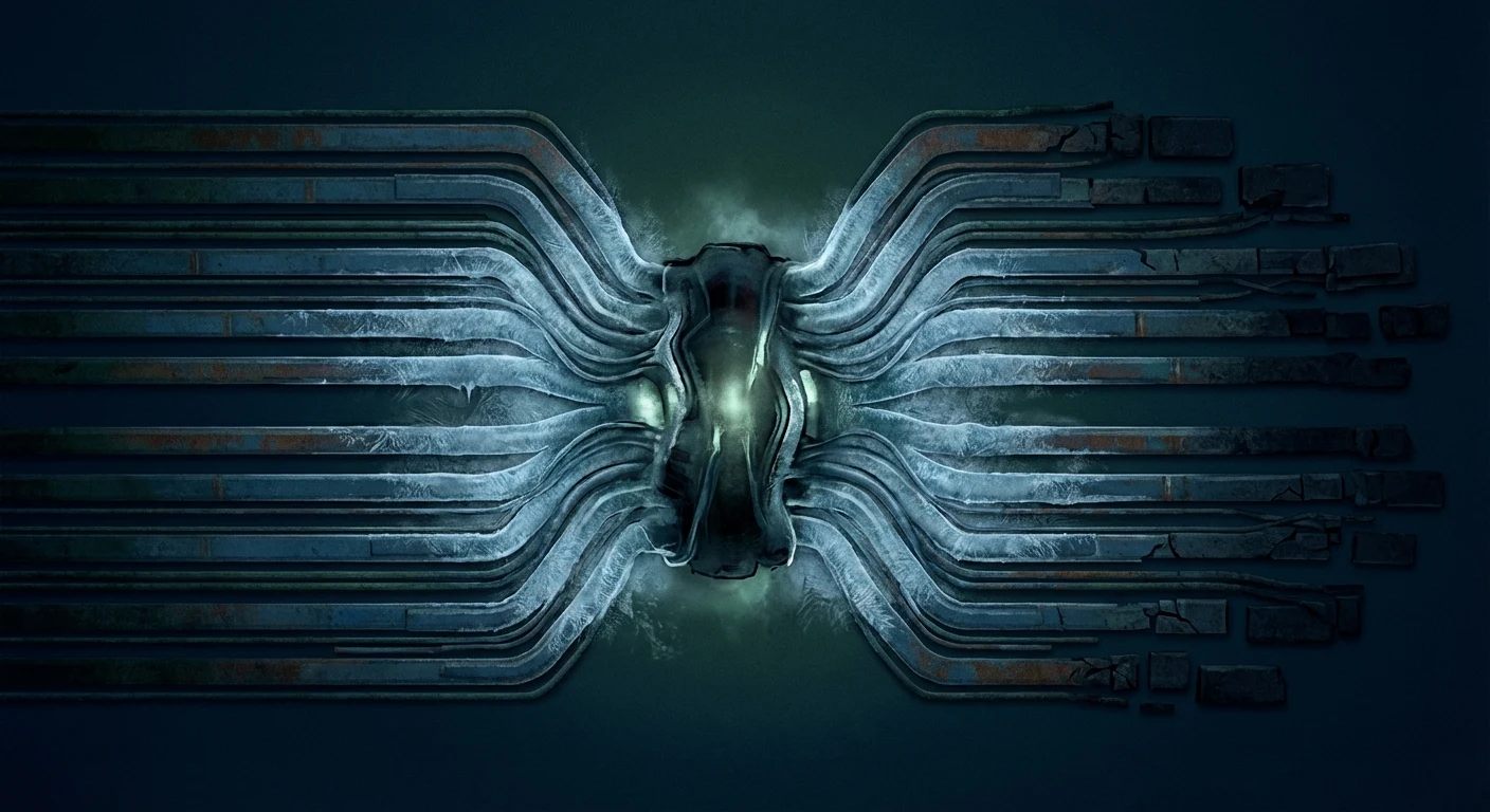 中央の制御点から複数の搬出入レーンが静かに停止していく様子を表す抽象図