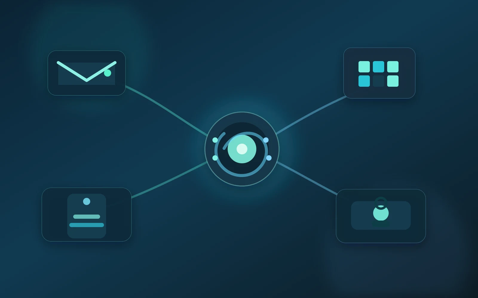 メール、QR、モバイル通知、認証画面の複数導線が中央の認証情報窃取の核へ集約する抽象図