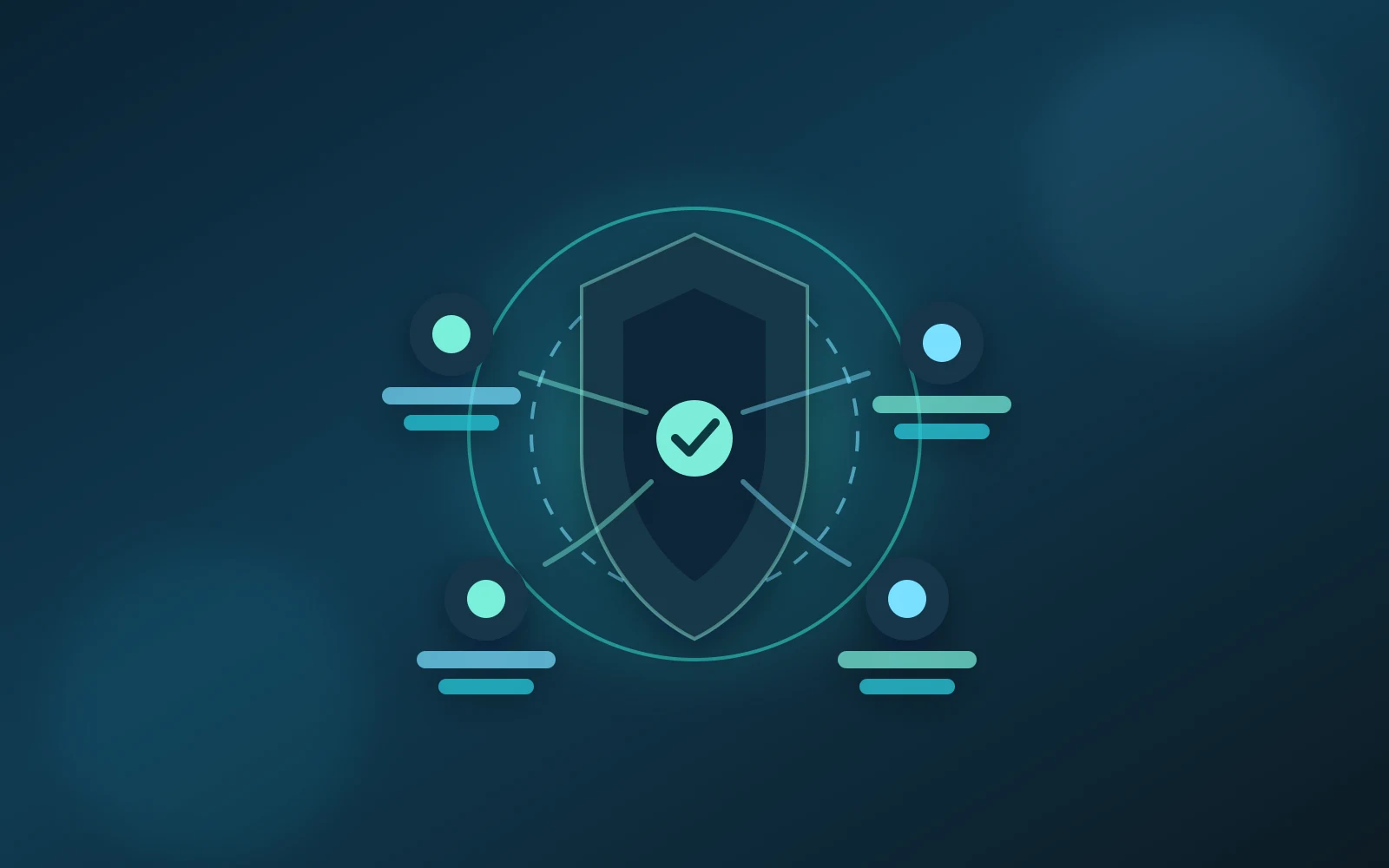 認証、利用者報告、ブランド保護、外部導線管理のレイヤーが中央の防御コアを囲む抽象構図