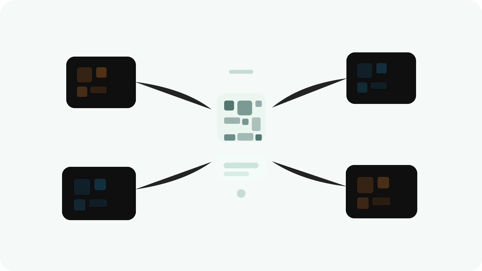 複数の QR パターン風パネルが一台の端末へ収束し、読み取り後の誘導先が見えにくくなる抽象図