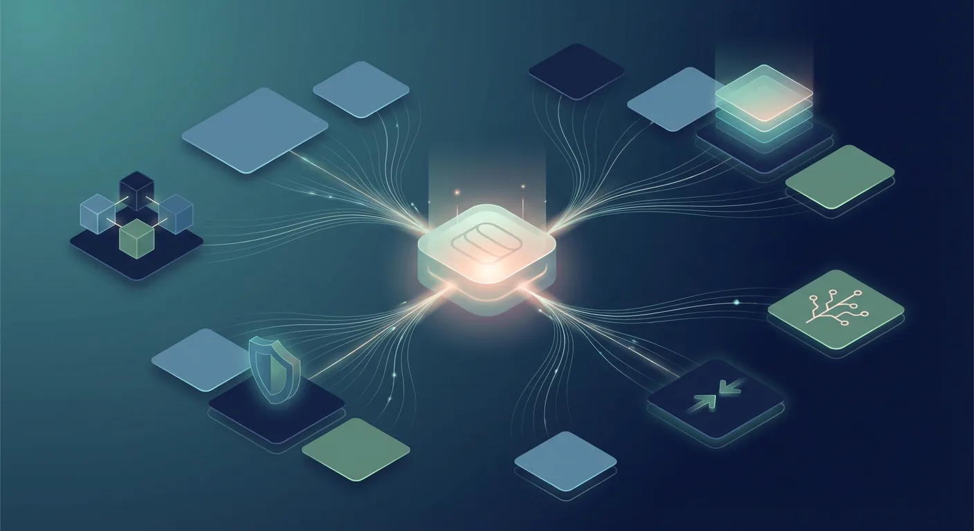 利用中SaaS、委託先、管理責任者、保持データ、連携先が中央の台帳ハブへ集約される抽象構図