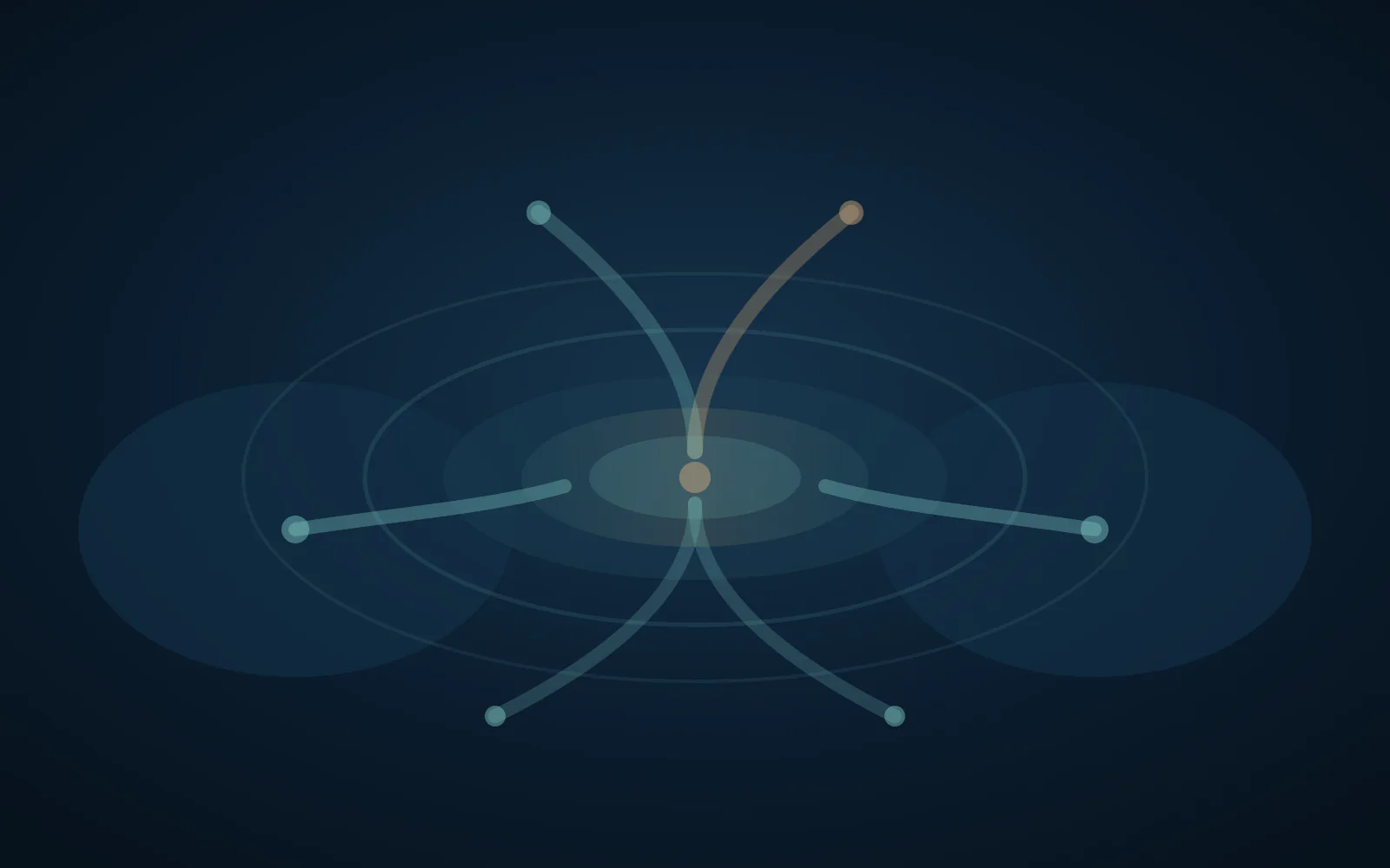 左右の接続点から中央の判断層へ流れが集まり、上方向へ複数の業務導線へ伸びる抽象図